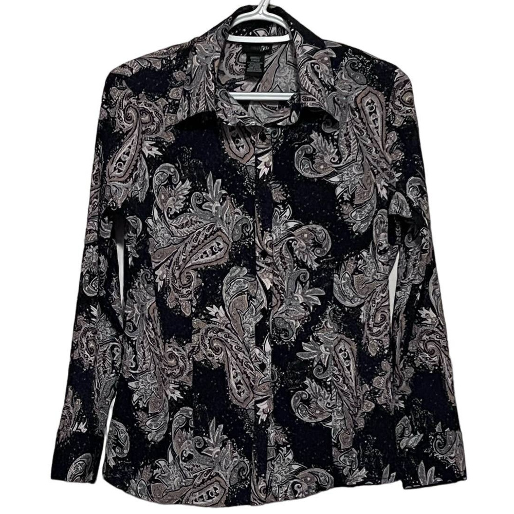 East 5th Women's Paisley Blue Tan White Button Up Long Sleeve Blouse Size Small